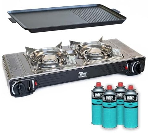 Intec - Kit plancha de gas completo 2 en 1 – Hornillo de 2 luces de acero inoxidable 4400 W + placa parrilla + 4 cartuchos de gas butano interior y exterior