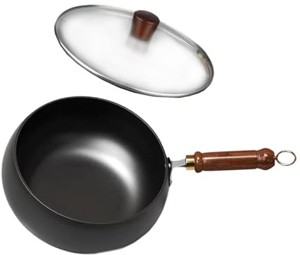 TAIZhiChen Wok Cinese da 28 Cm, Pentolame Non Rivestito, Manico in Legno, Padella a Fondo Piatto per Campeggio, Ristorante, Casa, Coperchio in Vetro