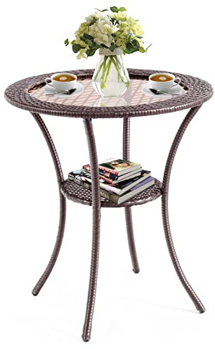 GYMAX Rattan Gartentisch, Bistrotisch mit robustem Metallrahmen, gehärtetem Glas & verstellbaren Fußpolstern, Runder Rattantisch Ø64x72 cm für Terrasse, Patio, Braun