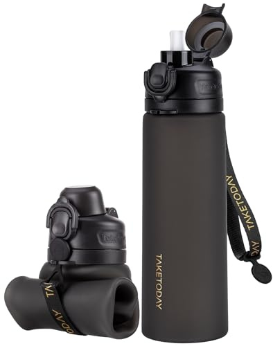 TakeToday Faltbare Trinkflasche 600 mL, zusammenklappbare Wasserflasche aus Platin-Silikon mit Strohhalm & Trageschlaufe, auslaufsicherem Deckel, BPA-frei für Reisen, Wandern & Camping (schwarz)