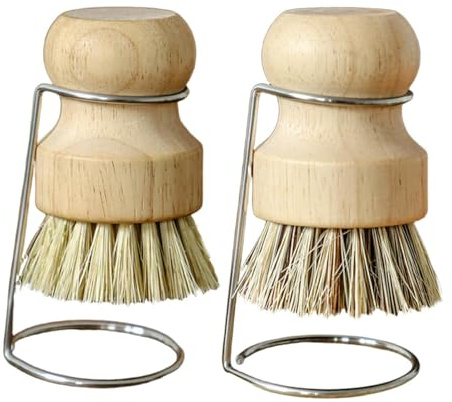 2Pcs Bamboo Palm Brushes with 2 Drain Racks, Wooden Dish Pot Pan Brushes Set, Natural Scrub Brush, Bubble Up Dish Brush for Cleaning Kitchen Dishes Cast Iron Skillet Pots Pans Sink