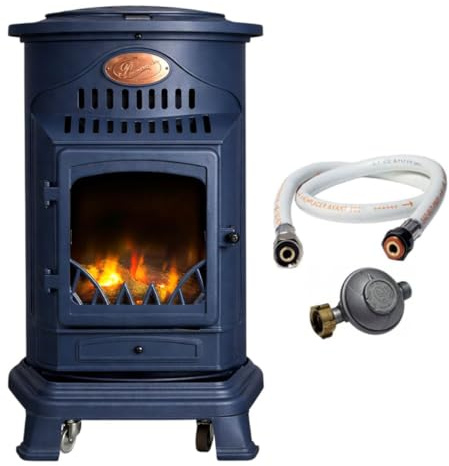 Sahara - Poêle à gaz Provence 3,4kW Bleu Saphir Mat Effet poêle à Bois Fonte véritable Chauffage d'appoint + Tuyau gaz et détendeur