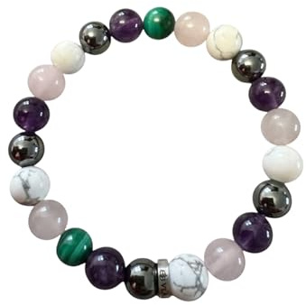 VLAN Bracelet Sommeil ''Calme nocturne -sérénité, déstressant, apaisement et sommeil réparateur - Howlite, quartz rose, améthyste, hématite, malachite. (17cm)