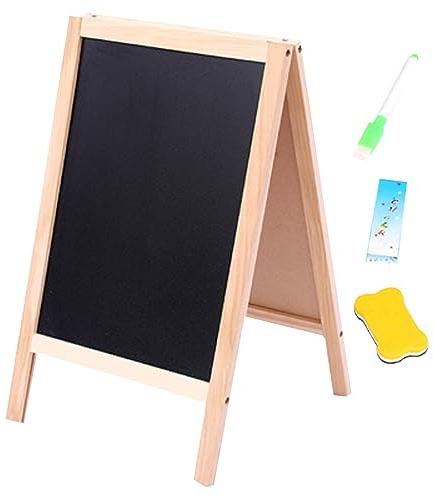Kreidetafel für Kinder, faltbare doppelseitige Holzstaffelei mit 16 x 10 Zoll großer Kreidetafel und trocken abwischbarer Tafel, inklusive Kreide, Radiergummi und Marker, Kunststation für Kinder ab