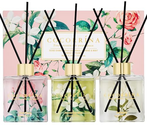 COCORRÍNA Raumduft Reed Diffuser - 3 x 90ml mit 24 Duftstäbchen Pink Rose/Gardenia/Jasmine & Mint, Natürlich, Langanhaltend, Home Duft Zimmerduft für Badezimmer Regal Dekoration