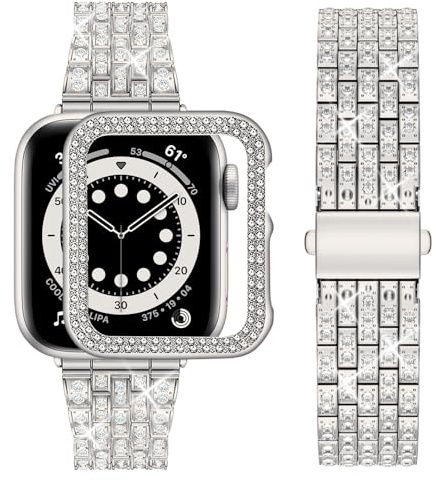 wutwuk Kompatibel mit Apple Watch Armband 40mm 42mm 41mm 44mm 45mm 38mm 46mm Damen Glitzer Band für iWatch Series 11 10 9 8 7 SE 6 5 4 3 2 1 mit Diamant Strassstein Harter Schutzrahmen Frauen