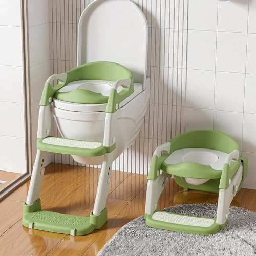 3 IN 1 Toilettensitz Kinder, Toilettenleiter für Kinder mit Treppe | 5 Verstellbare Positionen, PVC Gepolsterter & Griffe, Rutschfest & Spritzschutz, Faltbar und Leicht, für Jungen Mädchen Baby