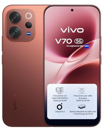 vivo V70 5G Smartphone 8GB RAM + 512GB, Fotocamera ZEISS 50MP con Super Teleobiettivo, Video 4K, Display OLED 6,59 1.5K, Batteria 6500mAh,IP68/IP69, Android 16,NFC