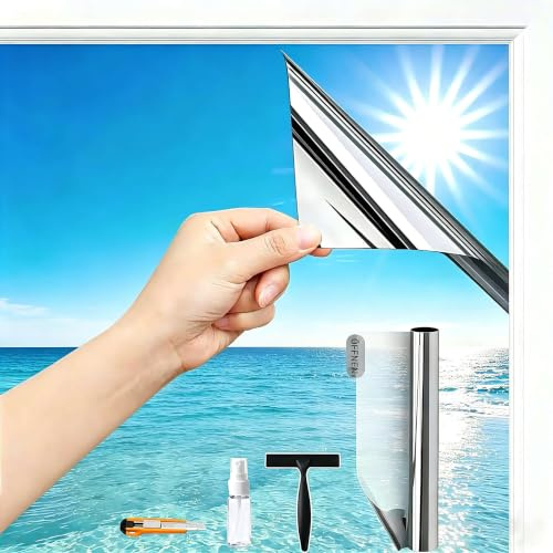 Evofensteere (100X400cm Silber) Fensterfolie Sonnenschutz Hitzeschutz innen oder außen | Rückstandslose Spiegelfolie Fenster Hitzeschutz | Sonnenschutzfolie | Spiegelfolie Fenster