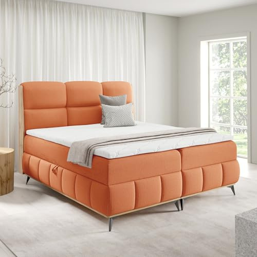 Home Collective Boxspringbett Polsterbett Doppelbett Bett mit Stauraum und Topper inklusive | modernes Design mit edlen Holzdetails Schlafzimmer Jugendzimmer Möbel | Orange 200x200 cm