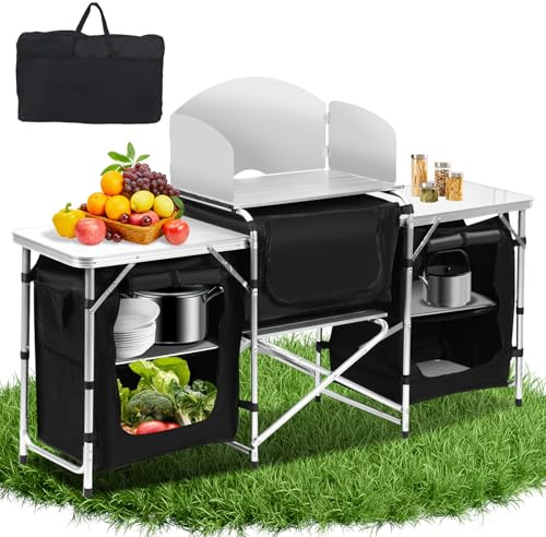 Fogmiea Campingküche Faltbar Campingschrank mit Aluminiumgestell und Spritzschutz, 5 Staufächer, Zeltschrank,Küchenbox,Outdoor Camping Küche Ink. Tragetasche, Reiseküche für Camping, Picknick, Reisen