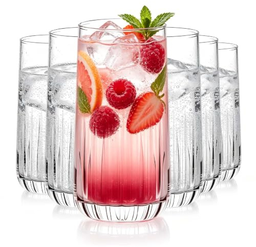 Ribbed Highball Glasses Set of 6, 350ml Tall Drinking Glasses, Clear Glass Tumblers with Heavy Base, Vintage Ribbed Glassware for Iced Coffee, Cocktail, Mojito, Juice, Water, Lemonade and Soft Drinks