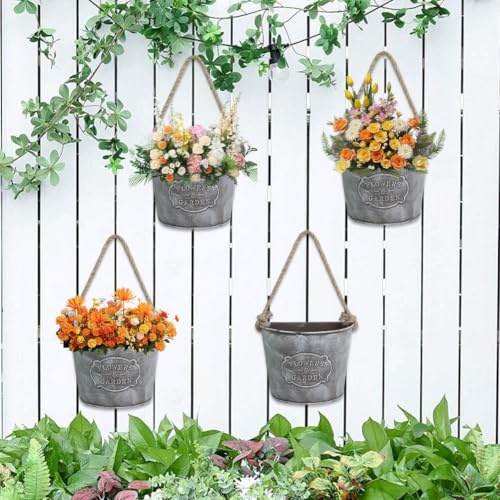 JOYWU Half Round Metal Wall Hanging Flower Pots,4 Pcs Wall Vases (Black) | Farmhouse Style Hanging Wall Vase Planters with Jute Rope for Indoor or Outdoor Wall Fence Decor