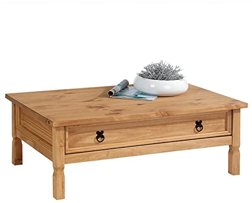 IDIMEX Table Basse de Salon Tequila Plateau rectangulaire et Pieds sculptés en Bois Style Mexicain avec 1 Grand tiroir, en pin Massif Finition teintée et cirée - Dim (L x H x P) : 100 x 37 x 65 cm