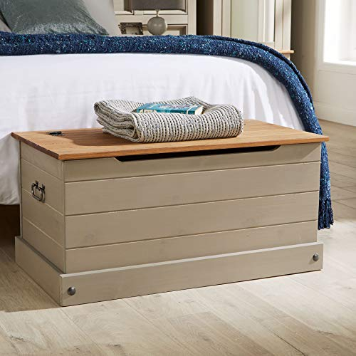 Home Source Corona Solid Pine Ottoman Single Bedding Box Toy Chest - Traditional Mexican Style Storage Trunk for Kids Bedroom - Space-Saving Wooden Chest with Lid and Window Bench