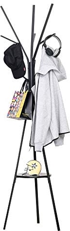HOMCOM Garderobenständer, Kleiderständer mit 8 Haken, Garderobe mit Ablage, Standgarderob für Kleidung, Hüte, Taschen, Metall, Schwarz, 45 x 45 x 180 cm