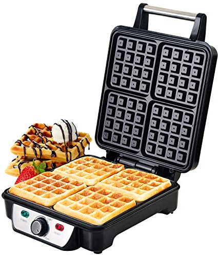 Geepas Waffle Maker | 4 Slice Non-Stick Electric Belgian Waffle iron Machine | 1100W, Adjustable Temperature Control | Deep Cooking Plates | Square Belgian American Sweet Savoury Waffle Iron | Black