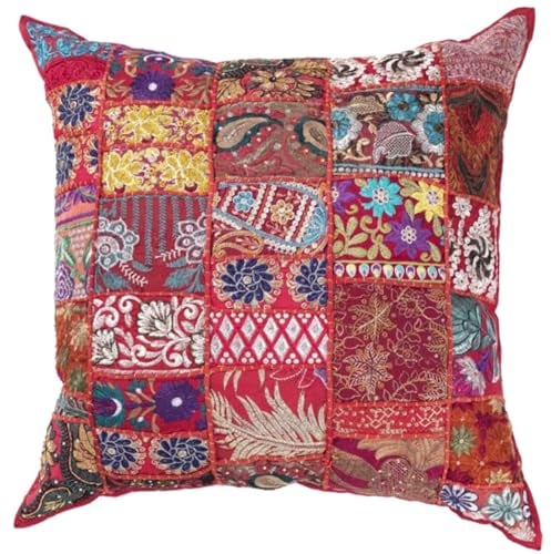 Orientalisches Patchwork Kissen MAR ROT Bunt 40x40 cm mit Füllung Stickerei & Pailletten | Boho Chic Deko-Kissen Couchkissen Sofa-Kissen & Geschenk-Idee Weihnachten MA7803