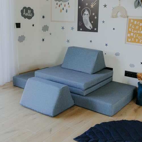Sweet Home from wood Monboxy Aktivitätsmatratze - Plüsch-Schaumstoff-Couch mit 2 Kissen - Sofa zum Spielen & Schlafen - Sitzkissen mit abnehmbaren, Kindermöbel, Schlafsofa (Türkisblau)