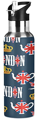Oarencol Wasserflasche London Teekanne Crown The Union Jack Edelstahl vakuumisoliert mit Strohhalm-Deckel, 590 ml
