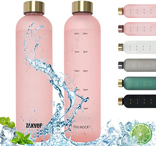 ZAKVOP Trinkflasche 1L Wasserflasche Sport mit Zeitmarkierung Trinkerinnerung, Trinkflasche Kohlensäure Geeignet, Sportflasche Auslaufsicher, BPA-frei, Ideal für Sport und Outdooraktivität, Rosa