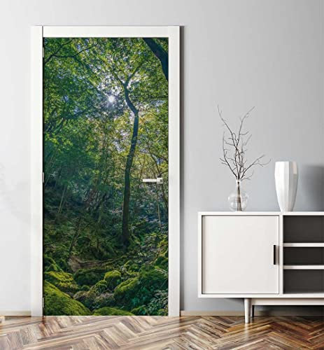 MyMaxxi - Tür bekleben mit Türtapete Türposter Türfolie Selbstklebend 90x200 Felsiger Wald - Tür verschönern Türaufkleber Türklebefolie Blätter Blatt Blüten grün