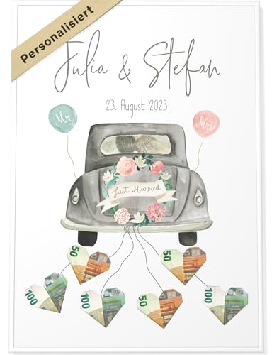 Papierschmiede® Personalisiertes Geldgeschenk Hochzeit mit Namen, Hochzeitsgeschenk für Brautpaar | Poster mit Rahmen A2 (42x59,4 cm) | Hochzeitsgeschenke Geld Geschenk Bild „Wedding Money“
