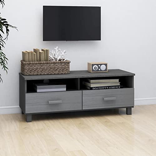 Tidyard Meuble TV, moderne, en bois massif, gris foncé, avec 2 tiroirs, 106 x 40 x 40 cm, console TV moderne avec tiroirs, meuble TV avec tiroirs, meuble TV en bois massif