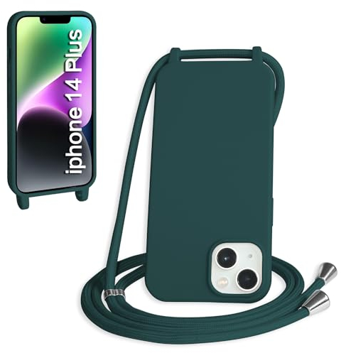 WenBaby Coque avec Cordon pour iPhone 14 Plus,Collier pour Étui bandoulière Colliers de cellulaire Mince Antichoc Réglable Lanyard Silicone Case,Vert foncé