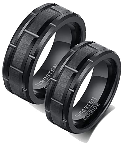 Banemi Partnerringe Carbon Schwarz, Freundschaftsringe Paar Gravur Wolframcarbid Gebürstet 8mm zum Hochzeitstag des Paares