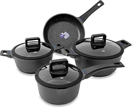KOPF Juego de cacerolas de aluminio fundido Thermo Pro para inducción, con revestimiento antiadherente de teflón clásico, aspecto de mármol, apto para todo tipo de cocinas, 3 ollas con tapa de cristal