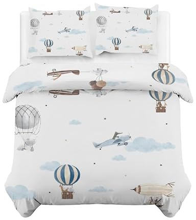 CCZM HeißLuftballon Kinderbettwäsche 100x135 Flugzeug Bettwäsche-sets 3 Teilig für Kinder Jungen Mädchen, Weich Atmungsaktiv Microfaser Bettbezüge und 2 Kissenbezug 80x80 cm mit Reißverschluss