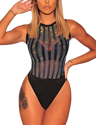 MAYFASEY Damen Bodys Sexy Langarm Mesh Durchsichtiger Jumpsuit Body Top