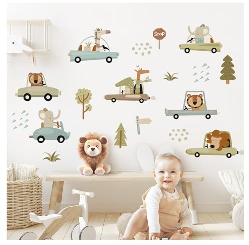 DEKO KINDERZIMMER Wandsticker Safari Tiere Wandtattoo Boho Fahrzeuge Babyzimmer Autos Bäume Wandaufkleber für Kinderzimmer Junge Wanddeko DK1143-04