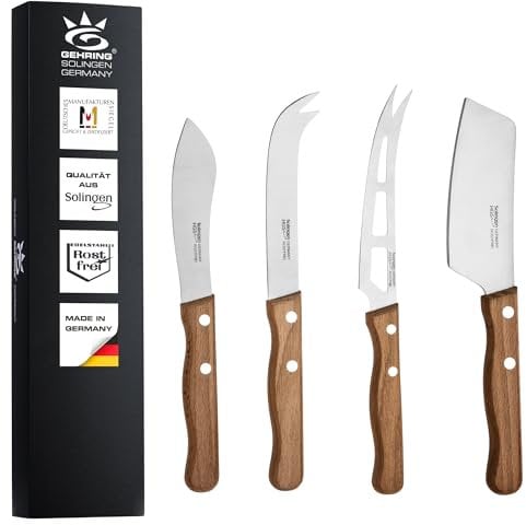 GEHRING| Solingen Käsemesser Set 4tlg. LOOK, Käseschneider mit Buchenholzgriff, für Hartkäse, Weichkäse, Streichkäse, mit Käsebeil, Besteck