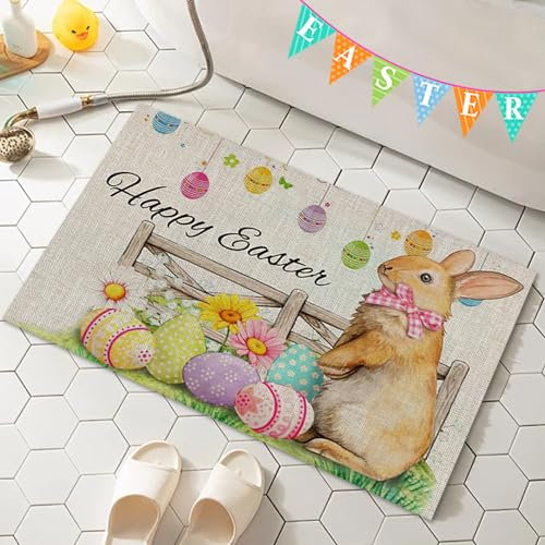 ACAREY Osterdeko Fußmatte, Ostern Fussmatte Mit Osterhase Deko Schmutzfangmatte Waschbar Fussmatte Für Innen & Außen, Schmutzfangmatte Hasen Frühling Küche Teppich Bodenmatte (A)