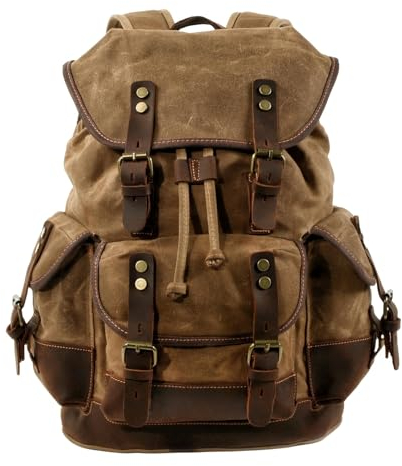 YCHYLIQ Rucksack Outdoor Reiserucksack Schüler Schultasche Canvas Vintage Spleißen Leder Bergsteigen Reisetasche-Khaki