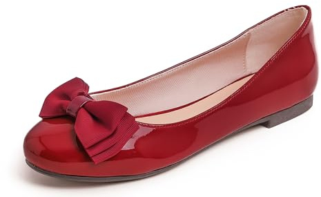 Feversole Women's Round Toe Cute Bow Trim Ballet Flats Dolly Shoes Retro Red Patent 4 UK