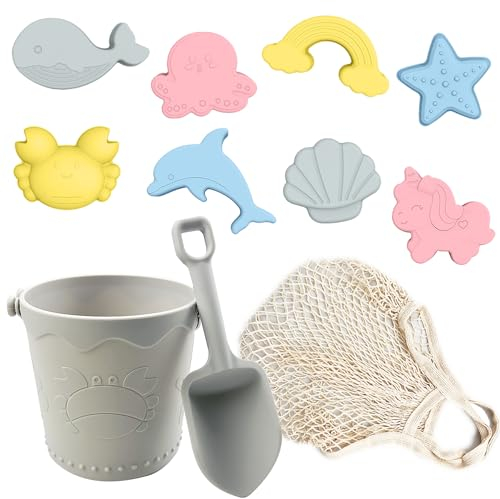 Silicone Beach Toys Age 2+, 11Pcs Baby Beach Toys, Travel Friendly Beach Set, Silicone Bucket, Shovel, 8 Sand Molds, Beach Bag, Silicone Sand Toys for Toddlers, Kids
