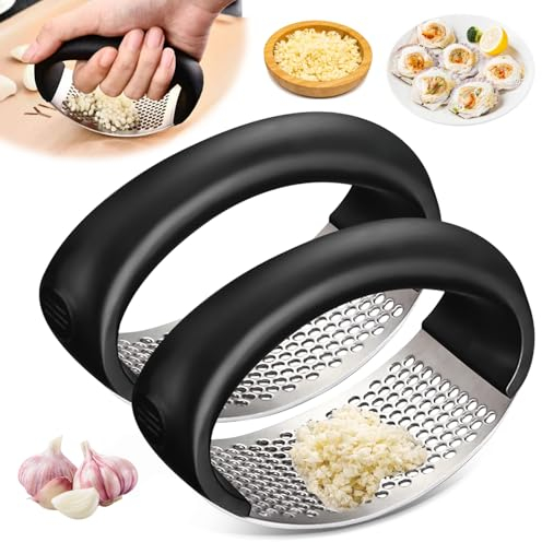 2PCS Presse-ail à Bascule en Acier Inoxydable Presse-ail manue Garlic Press Rocker Crusher Presse-ail en acier inoxydable Presse ail bascule au design innovant Appareil de Cuisine