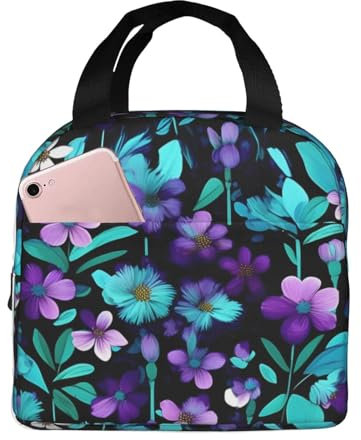 TTYDOKLA Lonchera aislada unisex con estampado de flores moradas y verde azulado, lonchera de tela Oxford de alta densidad