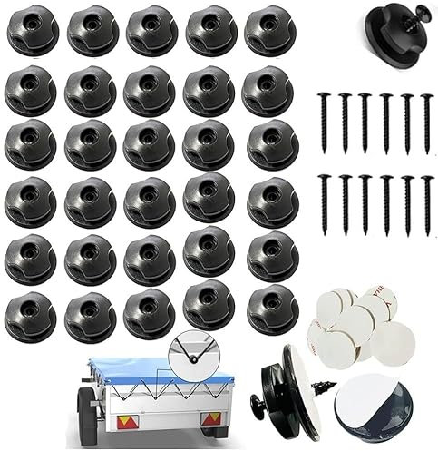 FTXanty 30 Pcs Crochets de Bâche Remorque Noir Fixation de Bâche avec Vis Autocollant Bouton de Bâche Remorque pour Coffre de Voiture Dossier de Remorque Filets de Bâche