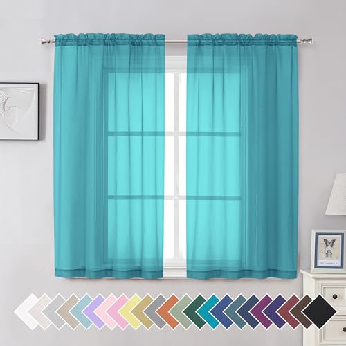 Aiyufeng Turquoise Sheer Curtains 54 Inch Length 2 Panels Set, Light Filtering Airy Rod Pocket Turquoise Window Curtain Treatment Drapes for Kitchen Bedroom Living, Each 42Wx54L Inches