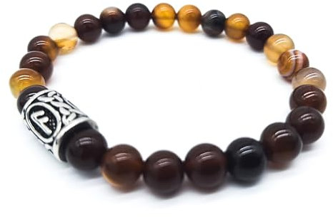 Wikinger Futhark Rune Edelstein Armband (18/21 cm, Damen/Herren) in Geschenkbox | Schutz Glück Energie (18, Rune ANSUZ Braun bandierter Achat | Odin Weisheit Vision)