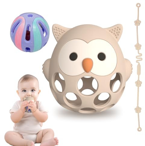 Beißring & Rassel für Babys - Sensorik Spielzeug ab 0 Monate, Zahnungshilfe & Greifball - Geschenk für Jungen & Mädchen (Owl-white)