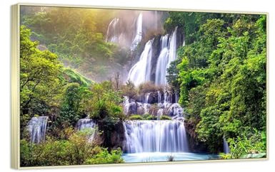 MUHJDYC Silber Rahmen-Berg Grüne Bäume Wasserfall Leinwandbild-Landschaftsbilder auf Leinwand Natur Wandbild-Moderne Wohnzimmer Kunstdrucke Dekoration 50x75cm