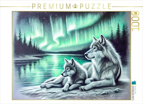 CALVENDO Puzzle Zwei Wölfe am Seeufer Kohlezeichnungen mit Nordlichtern in sanften Pastelltönen | 1000 Teile Lege-Größe 64 x 48 cm Foto-Puzzle für glückliche Stunden