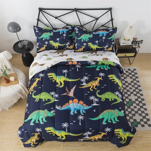 lishjekee 5 Pieces Dinosaur Comforter Twin for Boys Wild Dinosaurs Bedding Set Kids Jungle Bed in A Bag T-Rex Dino Comforter and Sheets Set for Teens Girls Animal Bed Sets Home Decor