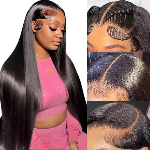 Junemet 26 Zoll Perücke Echthaar 200% Dichte HD Lace Human Hair Wig Straight Perücke Damen Echthaar 13x4 Glueless Human Hair for Women Brazilian Lace front Wig Pre Plucked Natürliche Farbe (66cm)