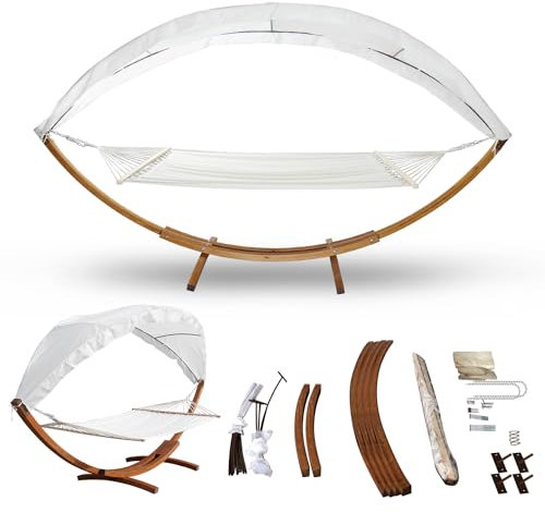 ISOISL Hamac avec armature et toit pare-soleil, hamac en bois de mélèze résistant aux intempéries, jusqu'à 200 kg, hamac à barres pour 2 personnes, extérieur et intérieur